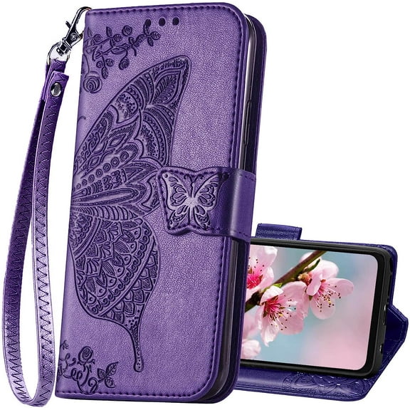 Designed for Galaxy A23 5G Phone Case Wallet,Women Flip Folio Cover with Credit Card Holders Butterfly Embossed PU Leather Kickstand Wrist Strap Phone Case for Samsung A23 5G/A23 4G (Purple)