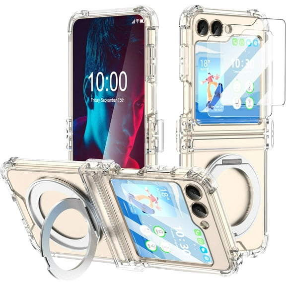 Designed for Galaxy Z Flip 5 Case Magnetic with Hinge Protection & Kickstand & Built-in 2 Screen Protector,Samsung Flip 5 Case Clear Protective Phone Cover for Z Flip 5 (Clear)