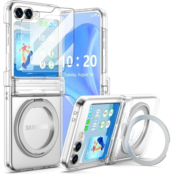 Designed for Galaxy Z Flip 6 Case Magnetic with 2pcs Screen Protector & Hinge Protection & Kickstand [Compatible with MagSafe] for Samsung Flip 6 Protective Phone Case Cover for Z Flip 6 - Clear