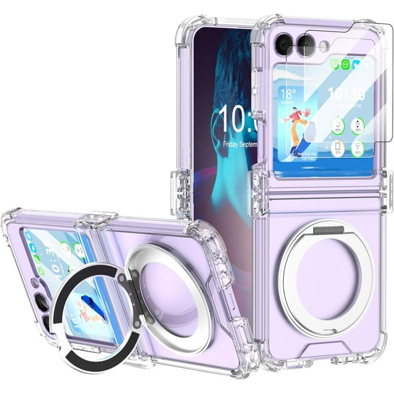 Designed for Galaxy Z Flip 6 Case Magnetic with Hinge Protection & Kickstand & Built-in 2 Screen Protector for Samsung Flip 6 Case Clear Protective Phone Cover for Z Flip 6 (Clear Black)