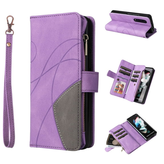 Designed for Galaxy Z Fold 4 5G Case (2022), Allytech Removable Wrist Strap Folio Kickstand [9 Card Holder] [1 Cash Zipper Pocket] Magnetic Snap Case for Samsung Galaxy Z Fold4, Purple