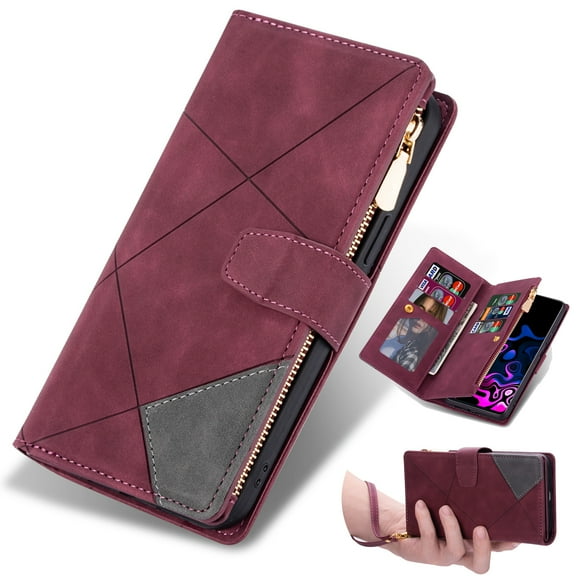 Designed for Galaxy Z Fold 5 5G Case Samsung Galaxy Z Fold 5 Wallet Cases 9 Card Slots Zipper Leather Card Slot Flip Magnetic Cover Compatible with Z Fold5 Wrist Strap Kickstand Stand Purse, Winered