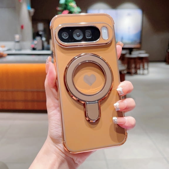 Designed for Google Pixel 10 /10 Pro Case, Plating Frame Protective Ring Kickstand Holder Cute Side Heart Pattern Lightweight Shockproof Anti-Scratch Phone Case for Girls, Desertgold
