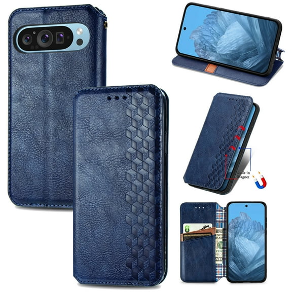 Designed for Google Pixel 10 / 10 Pro Case, Retro PU Leather Wallet Phone Case with Credit Card Holder Protective Shockproof Magnetic Kickstand Flip Cover for Google Pixel 10 / 10 Pro, Blue