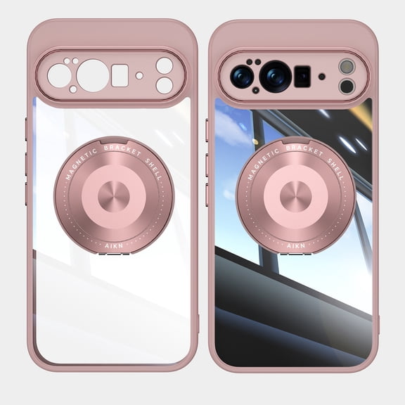 Designed for Google Pixel 10 / 10 Pro Crystal Clear Back Case, Luxury Case with Lens Protector Drop Protective Magnetic Rotating Ring Kickstand Shockproof Thin Fit Phone Case Cover, Pink