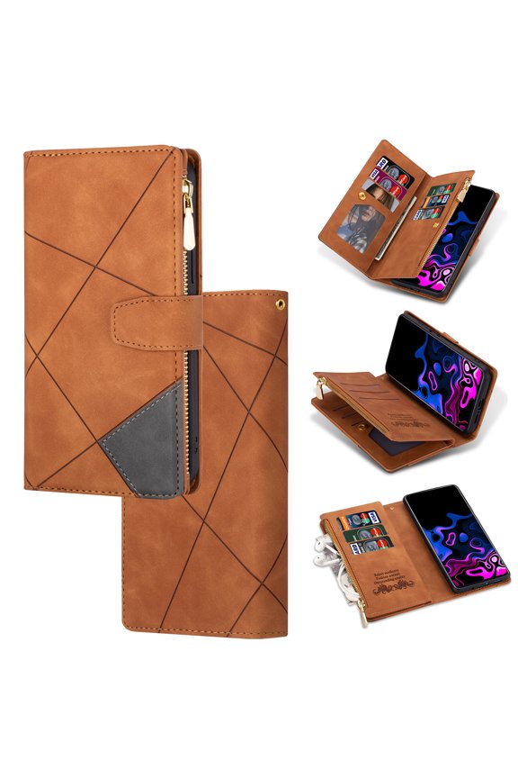 Designed For Google Pixel 10 /10 Pro Wallet Cases 9 Card Slots Zipper Pocket Purse Premium PU Leather Card Slot [RFID Blocking] Flip Kickstand Magnetic Closure Cover with Wrist Strap, Brown