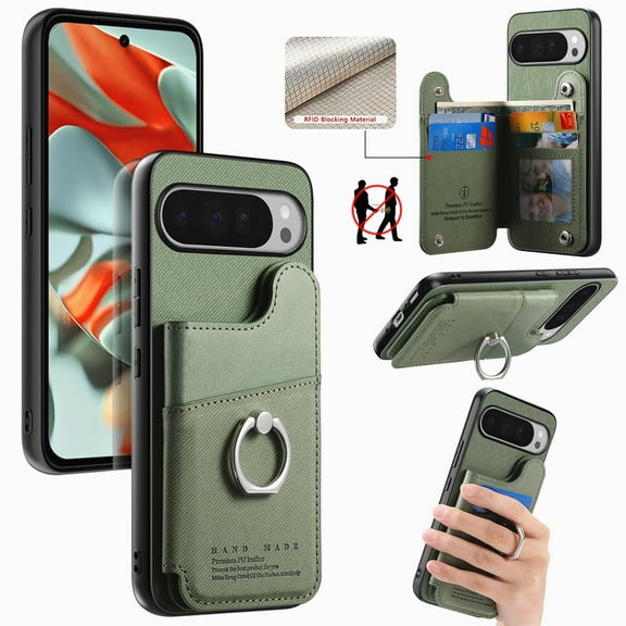 Designed for Google Pixel 10 Pro XL Back Wallet Case with Card Holder Slots, [Rotatable Ring Holder Stand & Secure Grip Ring] [RFID Blocking PU Leather Protection] Shockproof Cover, Green