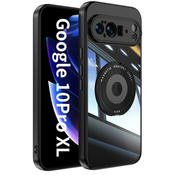 Designed for Google Pixel 10 Pro XL Crystal Clear Back Case, Luxury Case with Lens Protector Drop Protective Magnetic Rotating Ring Kickstand Shockproof Thin Fit Phone Case Cover, Black