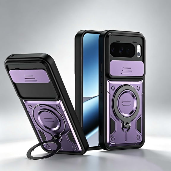 Designed For Google Pixel 10 Pro XL Phone Case,360° Rotatable Ring Kickstand,With Sliding Camera Cover,Heavy Duty Full Body Rugged Shockproof Non-Slip Drop Protection,Durable Phone Case,Purple