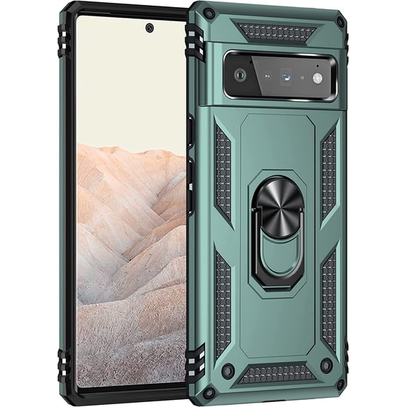 Designed for Google Pixel 6 Pro Case Heavy Duty Rugged Full Body Shockproof Scratch Proof Screen Protection Built-in 360 Ring Kickstand Military Hard Cover for Men Women Green