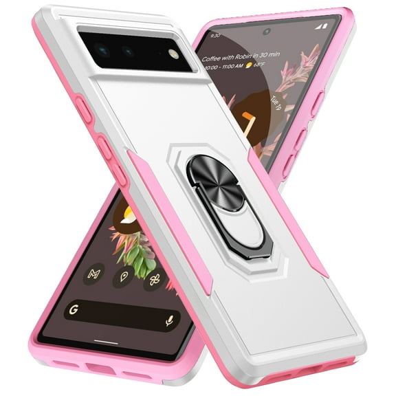 Designed for Google Pixel 6 Pro Case, Military-Grade Drop Protection, Shockproof Phone Case Cover, Magnetic Car Mount Ring Kickstand Bumper Hard Case for Google Pixel 6 Pro,White + Pink