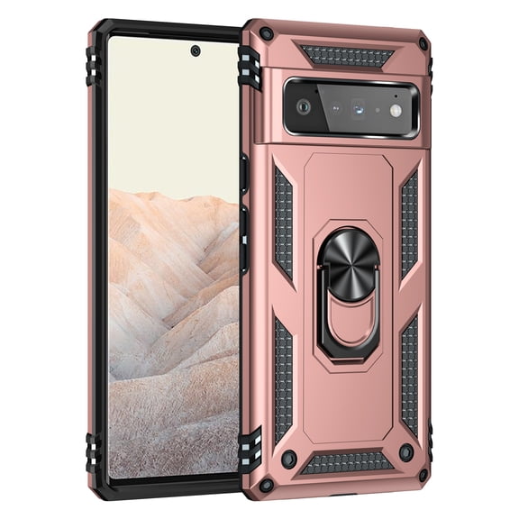 Designed for Google Pixel 6 Pro Case, Military Grade Protective Phone Case Cover with Enhanced Metal Ring Kickstand [Support Magnet Car Mount] Compatible with Google Pixel 6 Pro, Rosegold