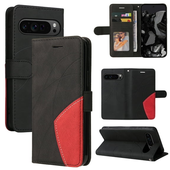 Designed for Google Pixel 6 Pro Wallet Case, [RFID Blocking] PU Leather Folio Kickstand [TPU Protective Interior Case], Magnetic Closure Card Slot with Hand Strap Shockproof Phone Cover,Black