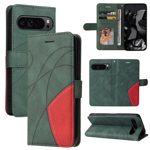 Designed for Google Pixel 6 Pro Wallet Case, [RFID Blocking] PU Leather Folio Kickstand [TPU Protective Interior Case], Magnetic Closure Card Slot with Hand Strap Shockproof Phone Cover,Green