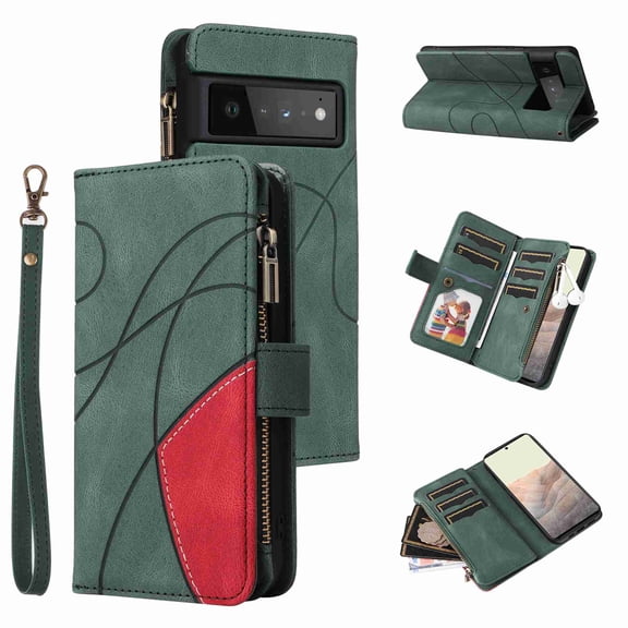 Designed for Google Pixel 6 Pro, Wallet Cases Zipper Leather Card Slot Flip Magnetic Phone Cover Compatible with Google Pixel 6 Pro Wrist Strap Kickstand Stand Purse,Green