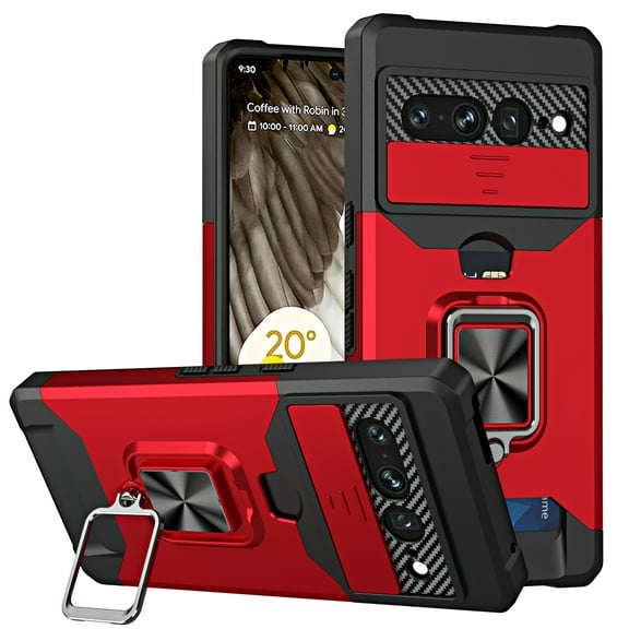 Designed for Google Pixel 7 Pro Case, with Magnetic Function & Credit Card Holder Stand Kickstand Heavy Duty Slim Shockproof Hybrid Rugged Drop Protective Cover for for Google Pixel 7 Pro,Red