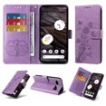 thumbnail image 1 of Designed for Google Pixel 7A Case Wallet,Women Flip Folio Cover with Butterfly & Flower Embossed PU Leather Stand Credit Card Holders Slots Wrist Strap Shockproof Phone Case,Purple, 1 of 11