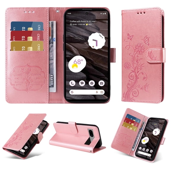 Designed for Google Pixel 7A Case Wallet,Women Flip Folio Cover with Butterfly & Flower Embossed PU Leather Stand Credit Card Holders Slots Wrist Strap Shockproof Phone Case,Pink