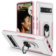 Designed for Google Pixel 8 Case, Military-Grade Drop Protection, Shockproof Phone Case Cover, Magnetic Car Mount Ring Kickstand Bumper Hard Case for Google Pixel 8, White + Pink