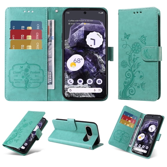 Designed for Google Pixel 8 Case Wallet,Women Flip Folio Cover with Butterfly & Flower Embossed PU Leather Stand Credit Card Holders Slots Wrist Strap Shockproof Phone Case,Green