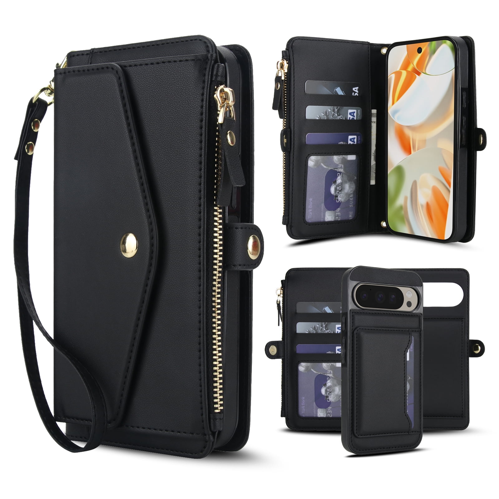 Designed for Google Pixel 8 Multi-Function Wallet Phone Case,With Shoulder Strap&Wrist Strap,Cash Pocket&Card Slots,Zipper Purse,Magnetic Detachable PU Leather Flip Phone Case,Black