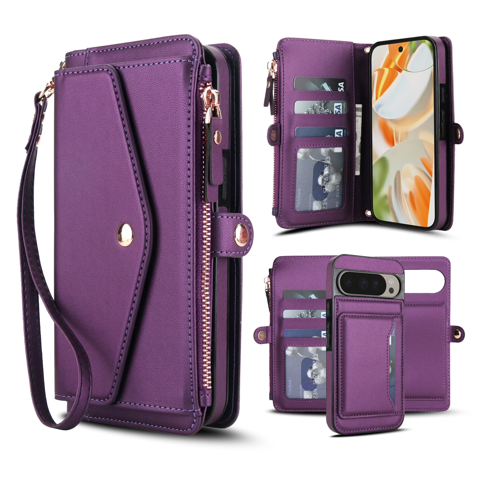 Designed for Google Pixel 8 Multi-Function Wallet Phone Case,With Shoulder Strap&Wrist Strap,Cash Pocket&Card Slots,Zipper Purse,Magnetic Detachable PU Leather Flip Phone Case,Purple