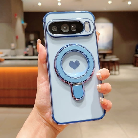 Designed for Google Pixel 8 Pro Case, Plating Frame Protective Ring Kickstand Holder Cute Side Heart Pattern Lightweight Shockproof Anti-Scratch Phone Case for Girls, Blue