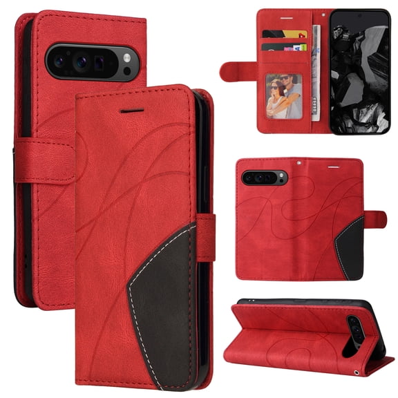 Designed for Google Pixel 8 Pro Wallet Case, [RFID Blocking] PU Leather Folio Kickstand [TPU Protective Interior Case], Magnetic Closure Card Slot with Hand Strap Shockproof Phone Cover,Red
