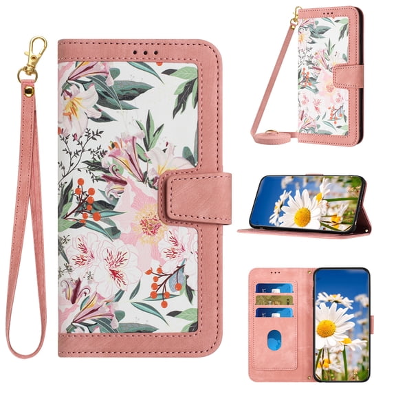 Designed for Google Pixel 8 Wallet Case Cute for Women, Premium PU Leather Flip Kickstand Cover with Card Holder [Long Crossbody Strap + Short Wrist Lanyard] Magnetic Closure Phone Case,Pink