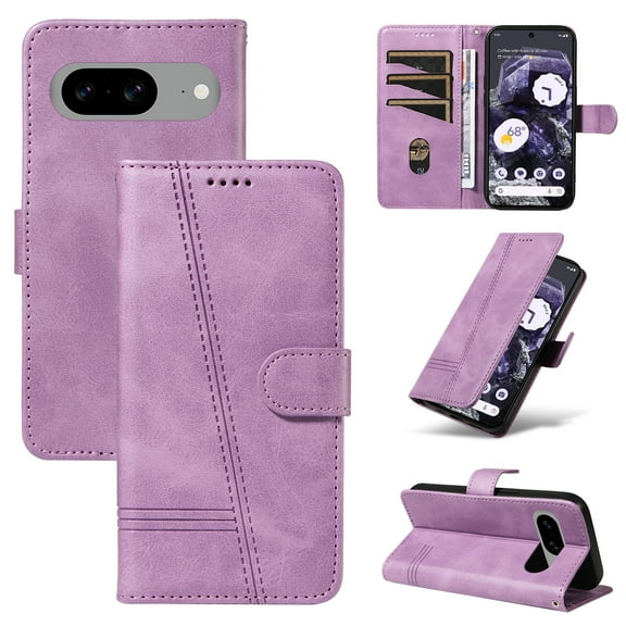 Designed for Google Pixel 8 Wallet Case, Vintage PU Leather Stand Credit Card Holders Slots Lanyard Flip Folio Cover Case Full Body Protection Compatible with Google Pixel 8, Purple