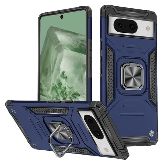 Designed for Google Pixel 8A Armor Hybrid with Ring Holder Kickstand Shockproof Heavy-Duty Durable Rugged Dual Layer Protective Phone Case Cover [Blue]