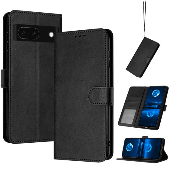 Designed for Google Pixel 8a Case Wallet, Men Women Flip Folio Cover with PU Leather Stand Credit Card Holders Slots Wrist Strap Soft TPU Inner Phone Case for Google Pixel 8a, Black