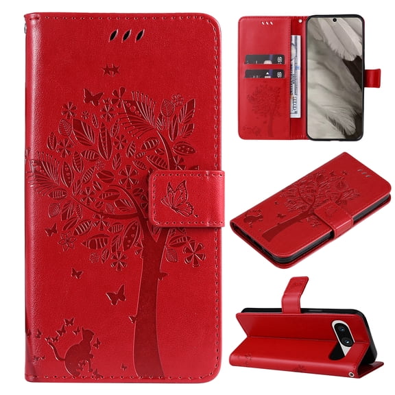 Designed for Google Pixel 8a Case Wallet for Women, Flip Folio Cover with Embossed PU Leather Kickstand Credit Card Holder Magnetic Wrist Strap Protective Case for Google Pixel 8a, Red