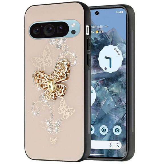 Designed for Google Pixel 9 (6.3") Diamonds 3D Bling Sparkly Glitter Ornaments Engraving Hybrid Fashion Ring Stand Phone Case Cover [Gold Garden Butterflies]