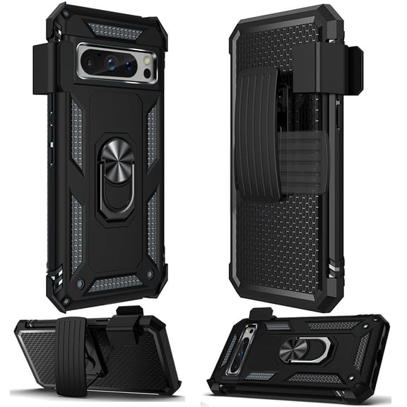 Designed for Google Pixel 9 (6.3 inch) Belt Clip Holster Ring Stand Holder, Military Grade Fit Magnetic Car Mount Shockproof Hybrid Phone Case Cover [Black]