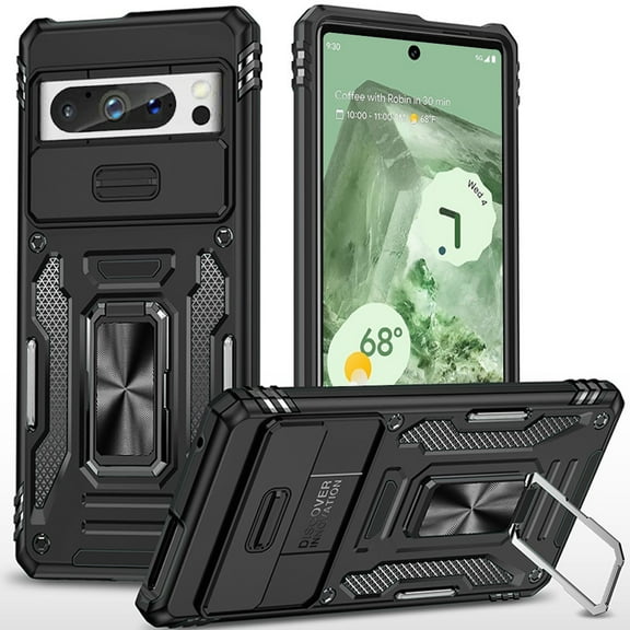 Designed for Google Pixel 9 (6.3 inch) Hybrid Case with Rotation Ring Stand Shockproof & Movable Camera Window PC & TPU Armor Dropproof Phone Case Cover [Black]