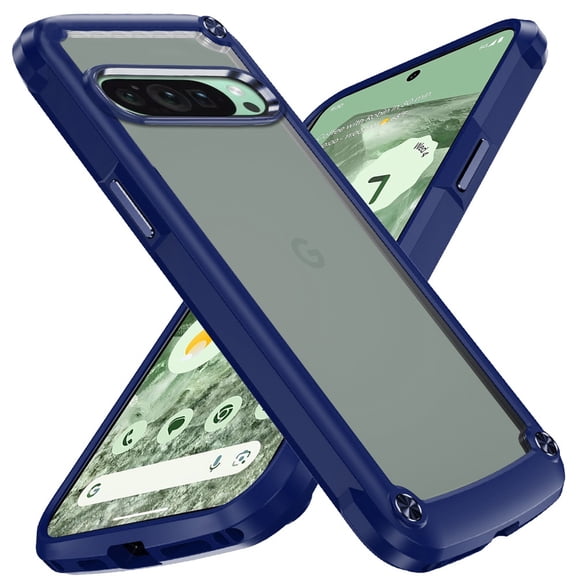 Designed for Google Pixel 9 (6.3 inch) Hybrid Transparent Rubber with Metal Buttons & Camera Edges Hard TPU Corner Frame Bumper Phone Case Cover [Blue]