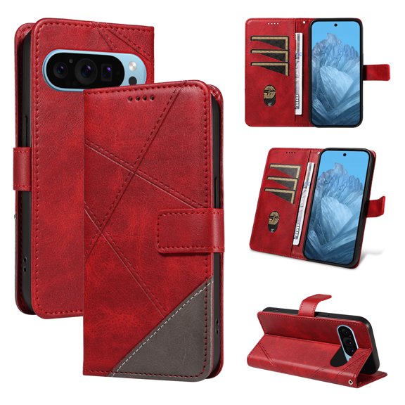 Designed for Google Pixel 9 / 9 Pro Case Wallet, Men Women Flip Folio Cover with PU Leather Stand Credit Card Holders Slots Wrist Strap Magnetic Clasp Phone Case for Google Pixel 9 / 9 Pro, Red
