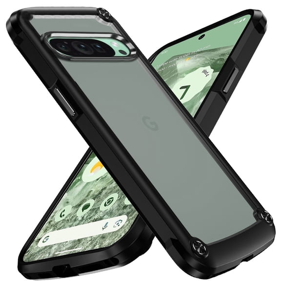 Designed for Google Pixel 9 Pro (6.3 inch) Hybrid Transparent Rubber with Metal Buttons & Camera Edges Hard TPU Corner Frame Bumper Phone Case Cover [Black]