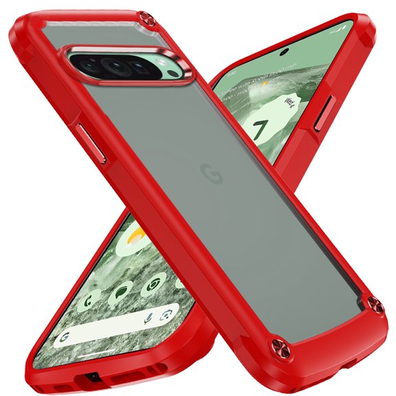 Designed for Google Pixel 9 Pro (6.3 inch) Hybrid Transparent Rubber with Metal Buttons & Camera Edges Hard TPU Corner Frame Bumper Phone Case Cover [Red]