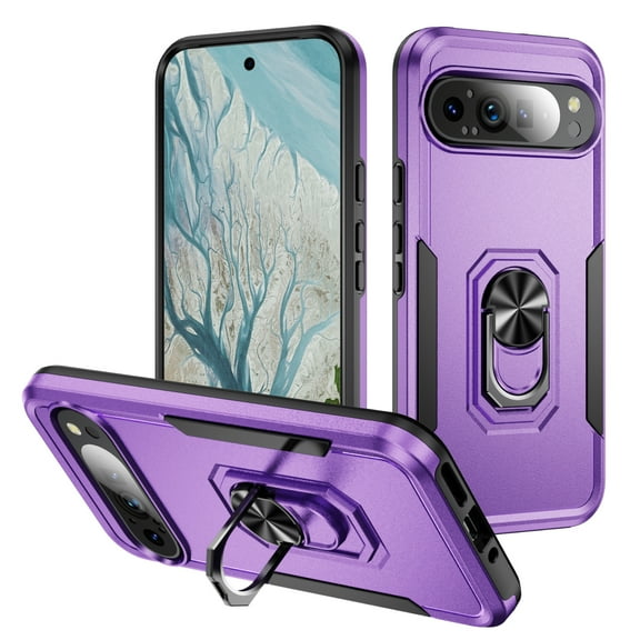 Designed for Google Pixel 9 Pro Case, Military-Grade Drop Protection, Shockproof Phone Case Cover, Magnetic Car Mount Ring Kickstand Bumper Hard Case for Google Pixel 9 Pro, Purple + Black
