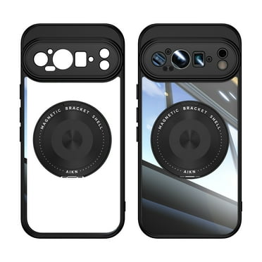 Designed for Google Pixel 9 Pro Crystal Clear Back Case, Luxury Case with Lens Protector Drop Protective Magnetic Rotating Ring Kickstand Shockproof Thin Fit Phone Case Cover, Black
