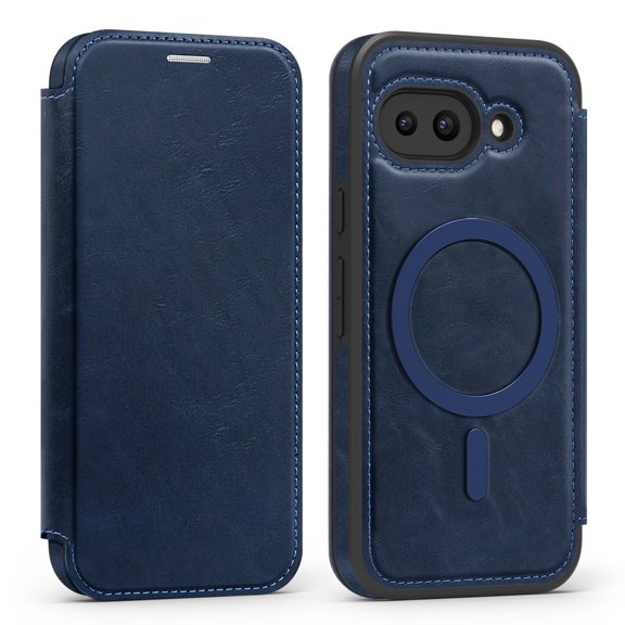 Designed for Google Pixel 9 Pro Flip Phone Case,Compatible with Mag-Safe,with RFID Blocking Credit Card Holder,PU Leather Folio Flip Protective Shockproof Rugged Phone Case Cover,Blue
