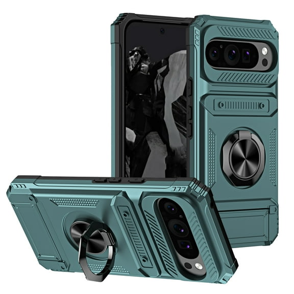 Designed for Google Pixel 9 Pro XL Case Hidden with Card Holder & 360 Ring Stand/Kickstand, Hard PC + Soft TPU [Drop Protection] Heavy Duty Rugged Protective Cover For Google Pixel 9 Pro XL, Green