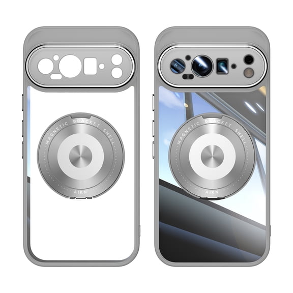 Designed for Google Pixel 9 Pro XL Crystal Clear Back Case, Luxury Case with Lens Protector Drop Protective Magnetic Rotating Ring Kickstand Shockproof Thin Fit Phone Case Cover, Gray