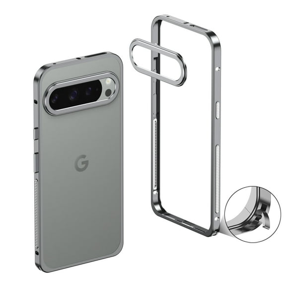 Designed for Google Pixel 9 Pro XL Frame Metal Bumper Frame Slim Hard Phone Case,With Lens Protector,Raised Edge Protection,No Back Heat Dissipation Design,Shockproof Phone Case,Gray
