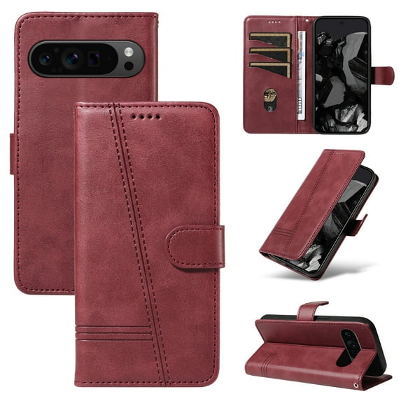 Designed for Google Pixel 9 Pro XL Wallet Case, Vintage PU Leather Stand Credit Card Holders Slots Lanyard Flip Folio Cover Case Full Body Protection Compatible with Google Pixel 9 Pro XL, Winered
