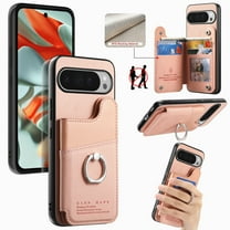Designed for Google Pixel 9A Back Wallet Case with Card Holder Slots, [Rotatable Ring Holder Stand & Secure Grip Ring] [RFID Blocking PU Leather Protection] Shockproof Cover, Pink