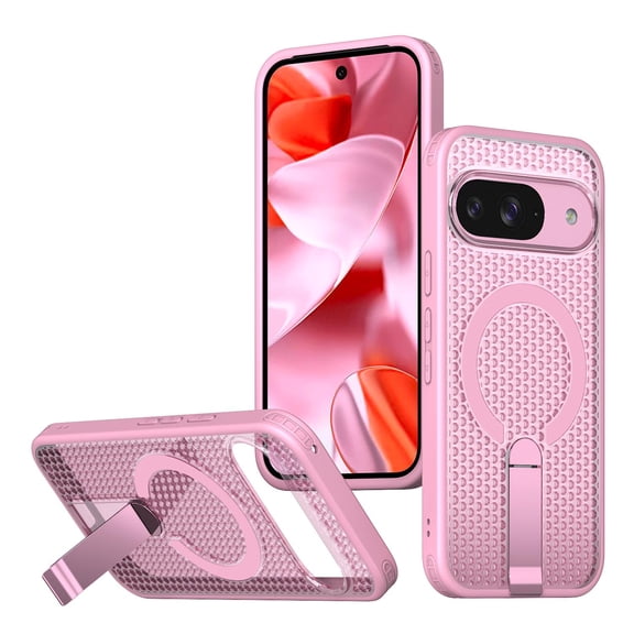 Designed For Google Pixel 9A Magnetic Phone Case,3D Hollow Mesh Heat Dissipation Design,With Contractile Kickstand,Compatible with Mag-safe,Breathable Cooling Shockproof Phone Case,Pink