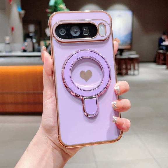 Designed for Google Pixel 9a Case, Plating Frame Protective Ring Kickstand Holder Cute Side Heart Pattern Lightweight Shockproof Anti-Scratch Phone Case for Girls, Purple